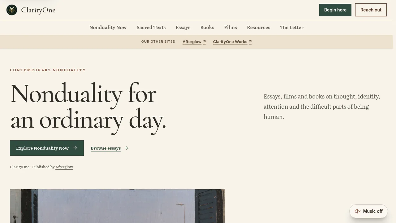 ClarityOne homepage preview with its Nonduality for an ordinary day headline and links to Afterglow and Works.