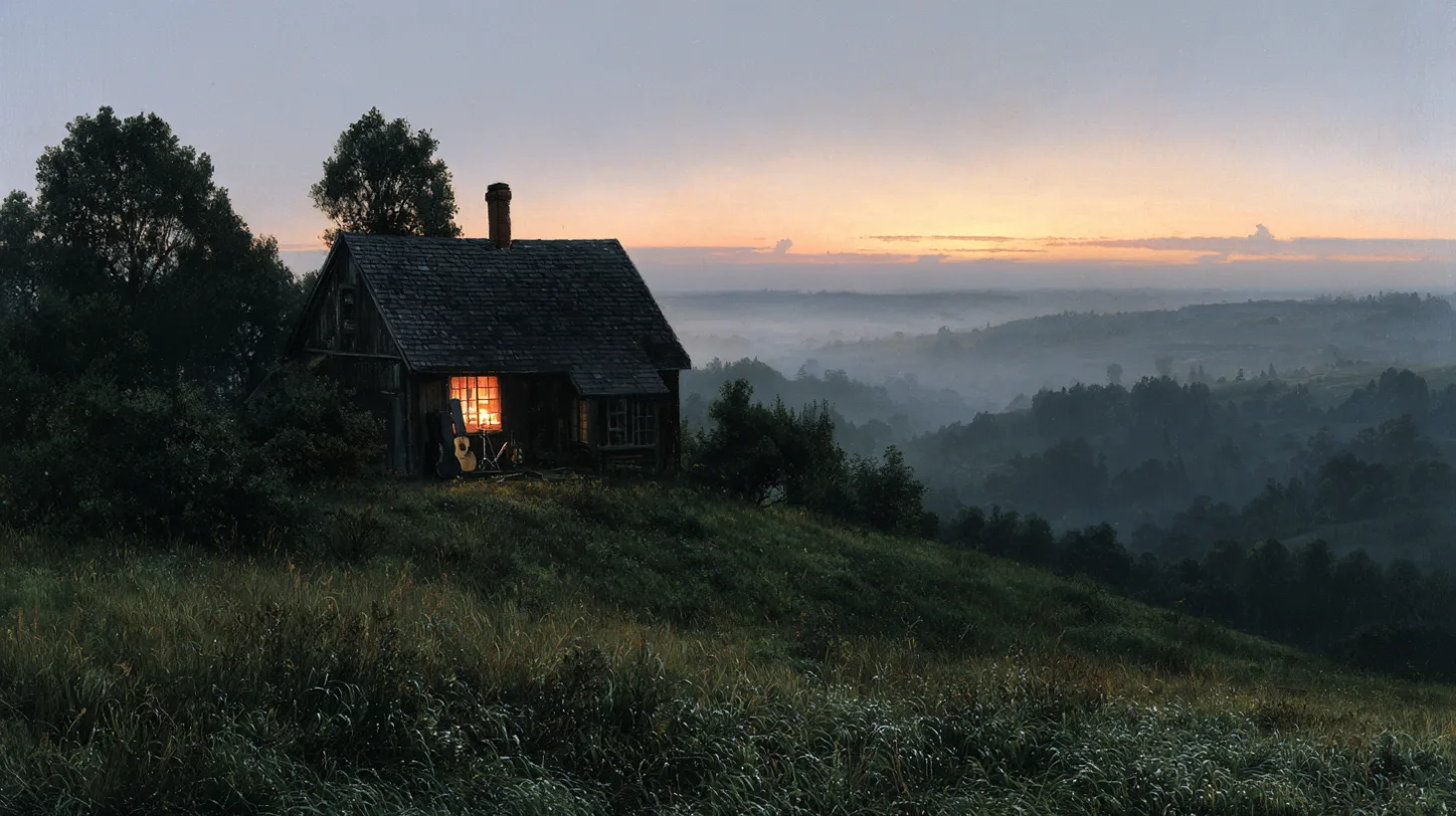 Painted still of a small wooden cabin on a hill at dusk, one window lit, mist in the valley.