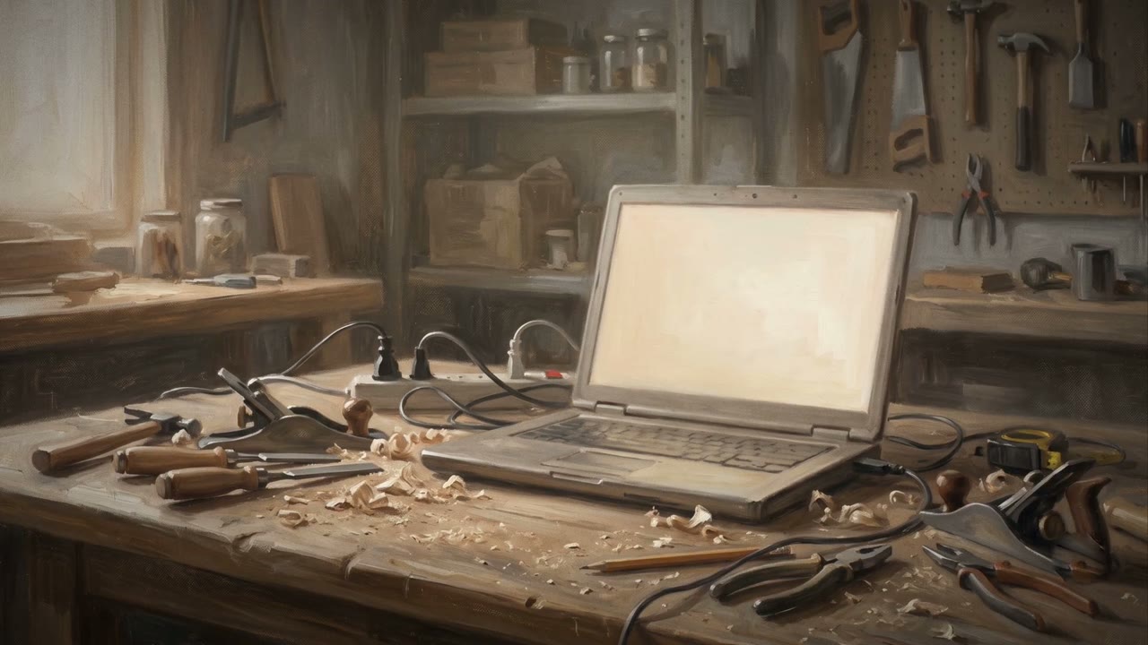 Painted film still of a laptop among woodworking tools in a workshop.
